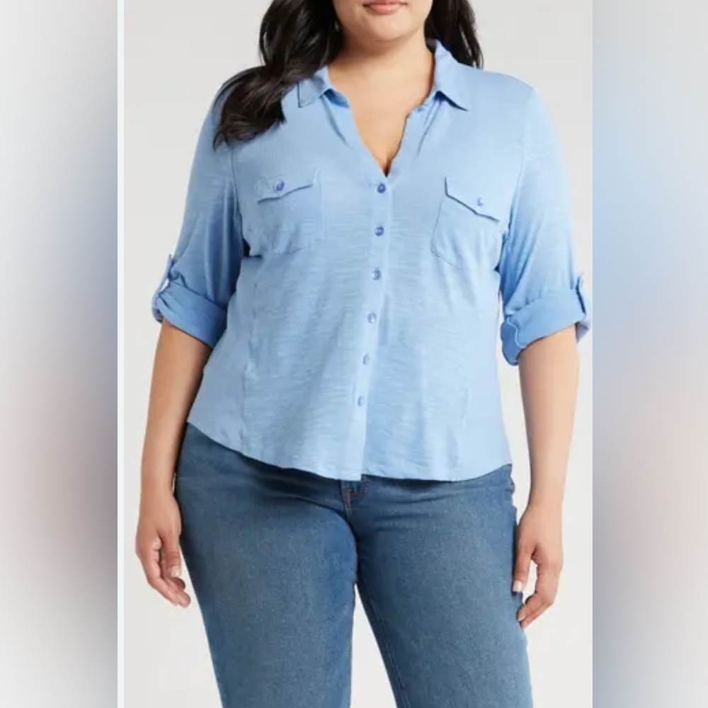 NEW Caslon Roll Sleeve Knit Button Up Shirt sz L in Blue Cornflower